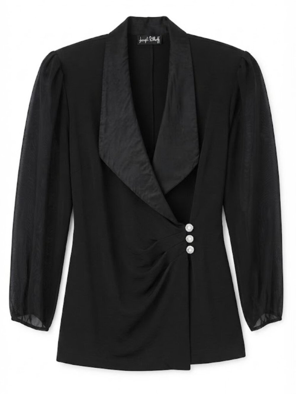 ✨️ Joseph Ribkoff Black Satin & Sheer Sleeve Wrap Blazer
